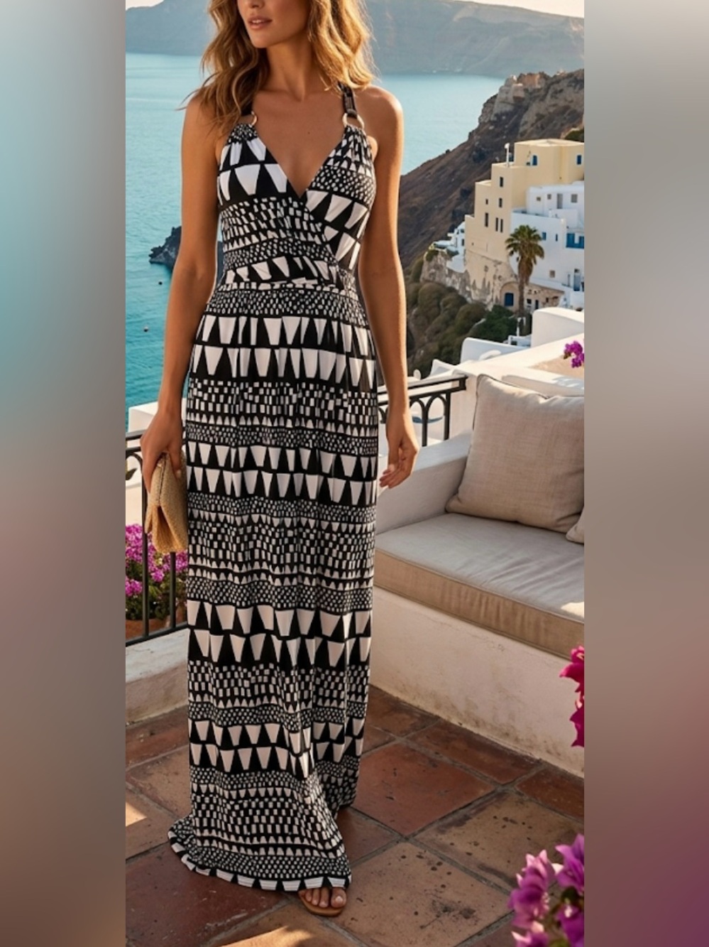 Vince Camuto Geometric Print Maxi Dress - Black & White, Size Petite Small